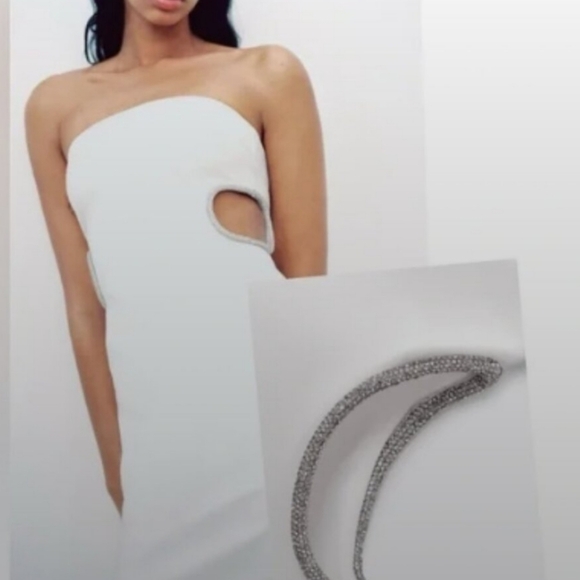 NWT Zara White Strapless Mini Dress with Rhinestone Cutout Detail, Size M - Picture 4 of 6